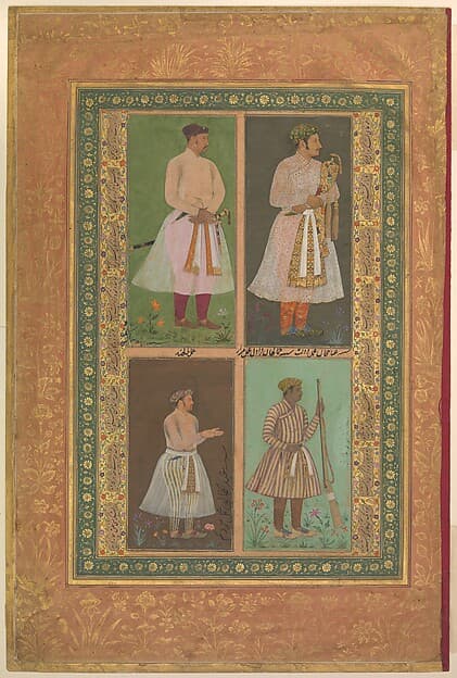 "Four Portraits: (upper left) A Raja (Perhaps Raja Sarang Rao), by Balchand; (upper right) 'Inayat Khan, by Daulat; (lower left) 'Abd al-Khaliq, probably by Balchand; (lower right) Jamal Khan Qaravul, by Murad", Folio from the Shah Jahan Album, by Balachand