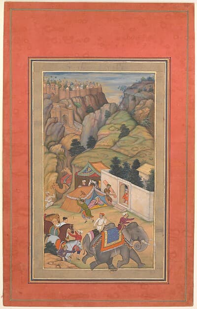 "Camp Being Prepared in the Hills", Folio from a Manuscript of the Akbarnama. Folio from the Davis Album