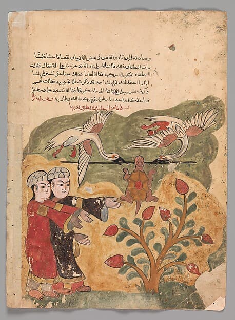 "The Flight of the Tortoise", Folio from a Kalila wa Dimna