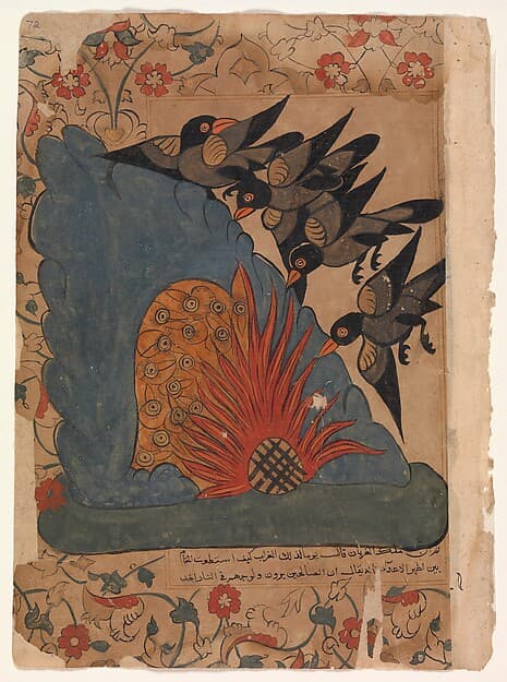 "The Crows Trap the Owls in Their Cave by Lighting a Fire at the Entrance and Fanning it with Their Wings" , Folio from a Kalila wa Dimna