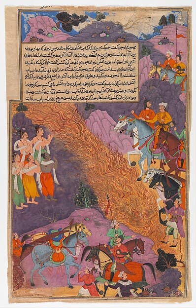 "Asvatthama Fires the Narayana Weapon (Cosmic Fire) at the Pandavas", Folio from a Razmnama, by 'Abd al-Rahim ibn Muhammad Bairam Khan Khan-i Khanan