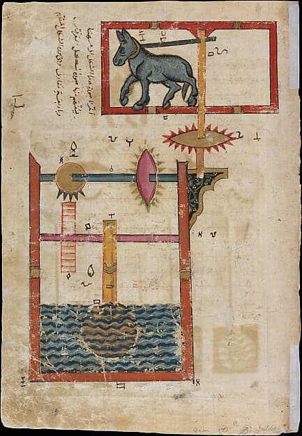 "Design on Each Side for Waterwheel Worked by Donkey Power", Folio from a Book of the Knowledge of Ingenious Mechanical Devices by al-Jazari, by Badi' al-Zaman ibn al-Razzaz al-Jazari