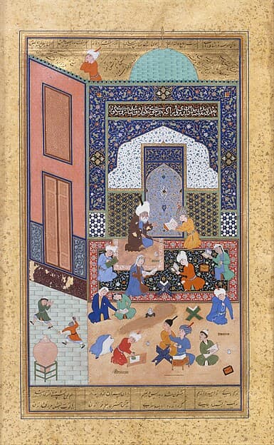 "Laila and Majnun in School", Folio 129 from a Khamsa (Quintet) of Nizami of Ganja, by Nizami