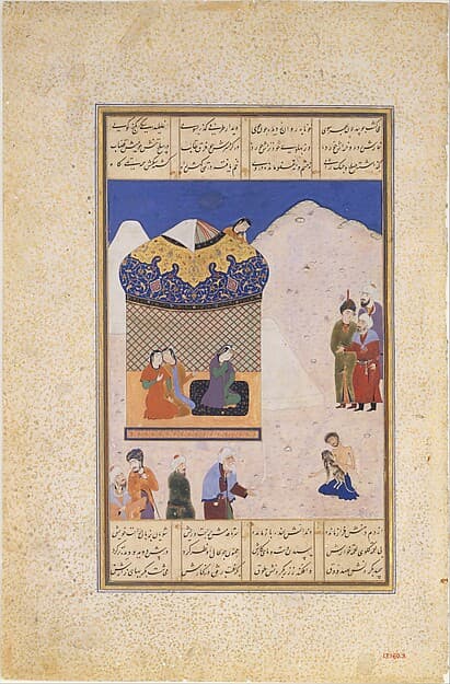 "Laila Visiting Majnun in the Desert", Folio from a Khamsa (Quintet) of Amir Khusrau Dihlavi, by Ala al-Din Muhammad
