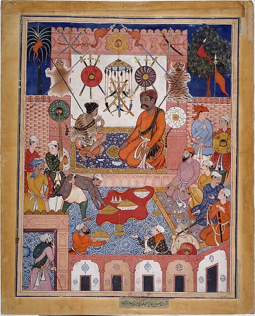 "Misbah the Grocer Brings the Spy Parran to his House", Folio from a Hamzanama (The Adventures of Hamza), by Dasavanta
