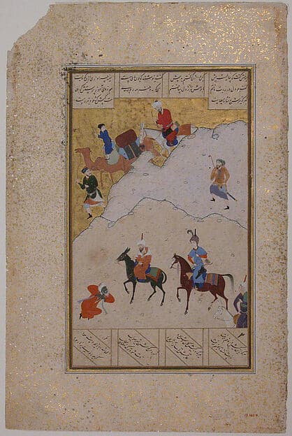 "Muslim Pilgrim to Mecca Meets a Brahman on the Road", Folio from a Khamsa (Quintet) of Amir Khusrau Dihlavi, by Ala al-Din Muhammad