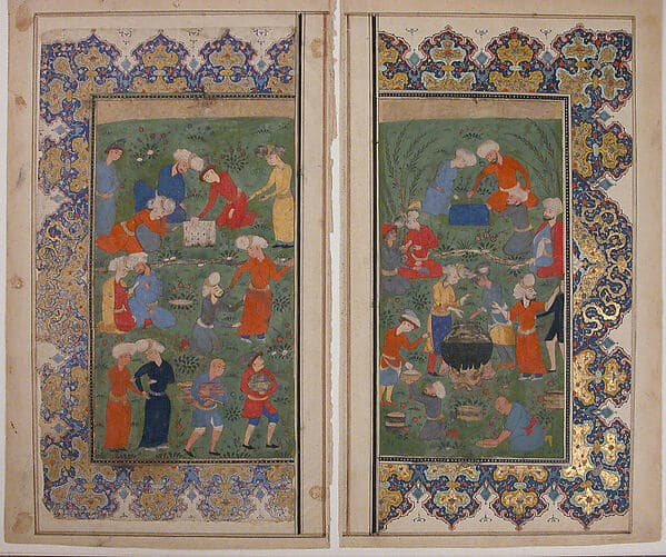 "Preparing a Noonday Meal on an Outing", Folio from a Kulliyat (Complete Works) of Sa'di