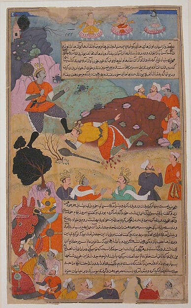 "Bhima Defeates Duryodhana", Folio from a Razmnama, by 'Abd al-Rahim ibn Muhammad Bairam Khan Khan-i Khanan