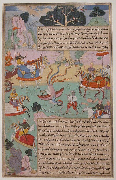 "Fighting Arjuna, Susarma Unleashes the Suparna Weapon which Invokes Garuda", Folio from a Razmnama, by 'Abd al-Rahim ibn Muhammad Bairam Khan Khan-i Khanan