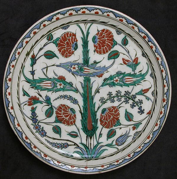 Dish with Cypress Tree, Saz Leaves, and Roses