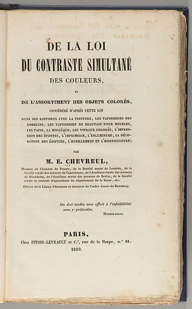 De la loi du contraste simultané des couleurs, et de l'assortiment des objets colorés, considéré d'après cette loi, by Michel Eugène Chevreul