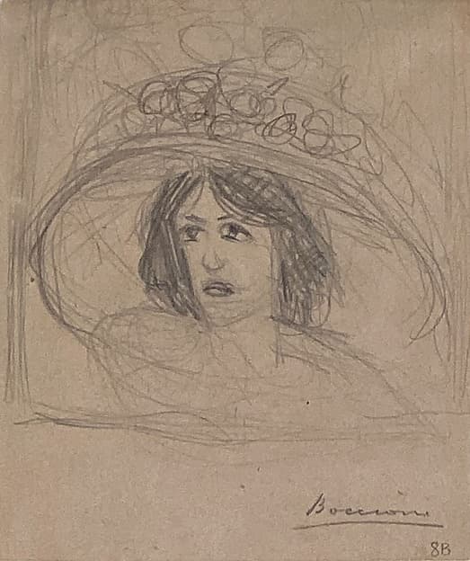 Head of a Young Woman with a Large Hat, by Umberto Boccioni