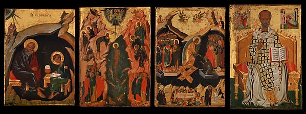 Four Icons from a Pair of Doors (Panels), possibly part of a Polyptych: John the Theologian and Prochoros, the Baptism (Epiphany), Harrowing of Hell (Anastasis), and Saint Nicholas