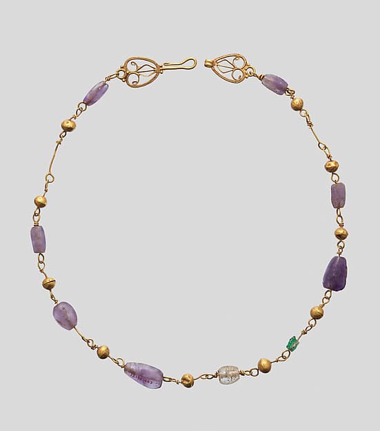 Gold Necklace with Amethysts, Glass, and Gold Beads