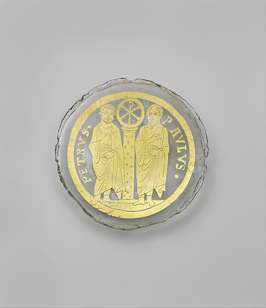 Bowl Base with Saints Peter and Paul Flanking a Column with the Christogram of Christ