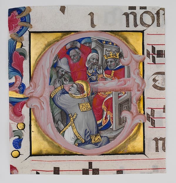 Manuscript Illumination with the Martyrdom of Saint Stephen in an Initial E, from a Gradual, by Niccolò di Giacomo da Bologna