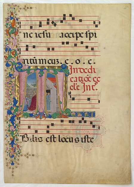 Manuscript Leaf with the Dedication of a Church in an Initial T, from a Gradual, by Mariano del Buono