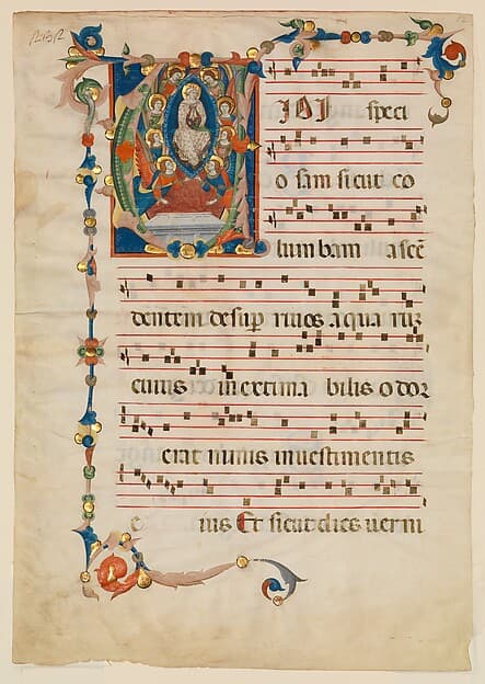 Manuscript Leaf with the Assumption of the Virgin in an Initial V, from an Antiphonary, by Niccolò di ser Sozzo
