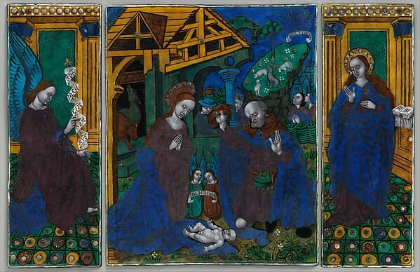 Three plaques from a triptych with the Adoration of the Shepherds, Flanked by the Angel Gabriel and the Virgin Annunciate, by Master of the Triptych of Louis XII