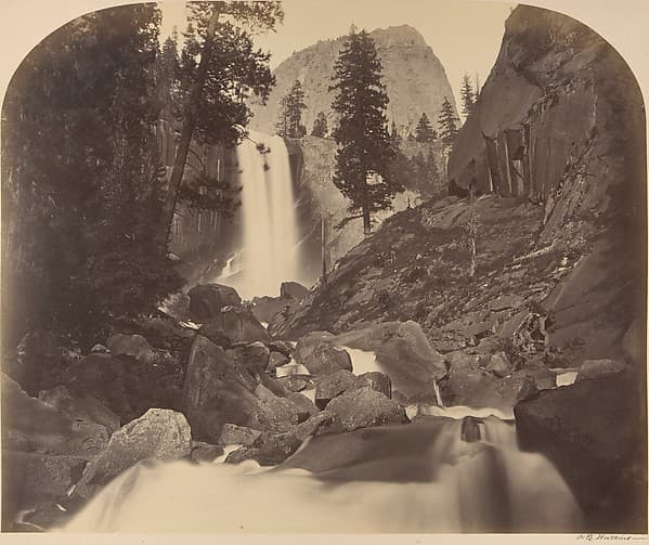 Mt. Broderick in Distant Centre, Piroyac, Falling Chrystals, Vernal Fall, by Carleton E. Watkins