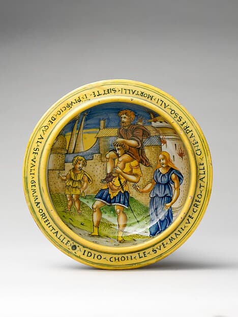 Broth bowl and cover (scodella and tagliere) from an accouchement set; Aeneas leaving Troy with his father and son (inside bowl); Pyramis and Thisbe (on cover), by Baldassare Manara