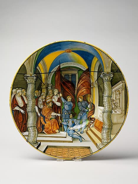 Large Dish (tagliere): Pope Leo X presenting a baton to Federigo II Gonzaga, marquis of Mantua, on his appointment as captain general of the Church in 1521., by Nicola da Urbino