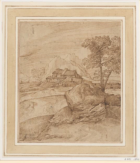Mountainous Landscape with a Rock, Trees, and Buildings, by Domenico Campagnola