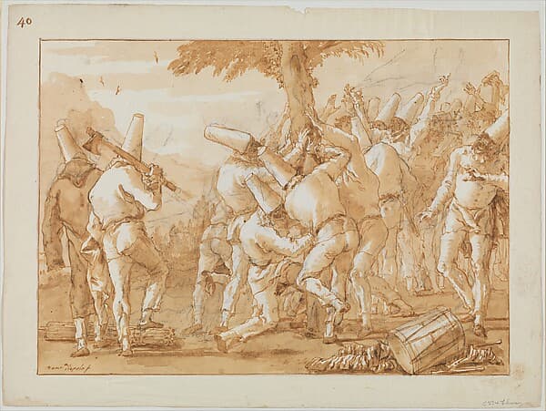 Punchinellos Felling (or Planting) a Tree, by Giovanni Domenico Tiepolo