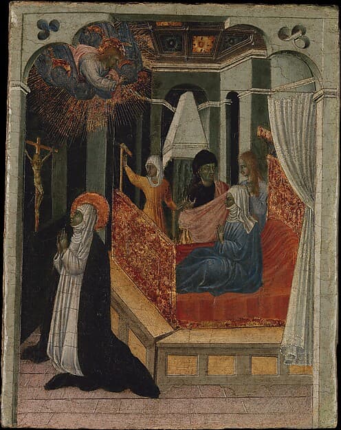 Saint Catherine of Siena Beseeching Christ to Resuscitate Her Mother, by Giovanni di Paolo (Giovanni di Paolo di Grazia)