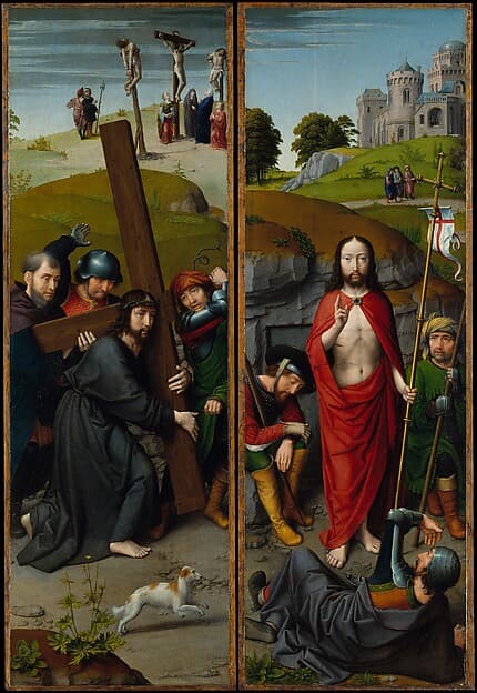 Christ Carrying the Cross, with the Crucifixion; The Resurrection, with the Pilgrims of Emmaus, by Gerard David