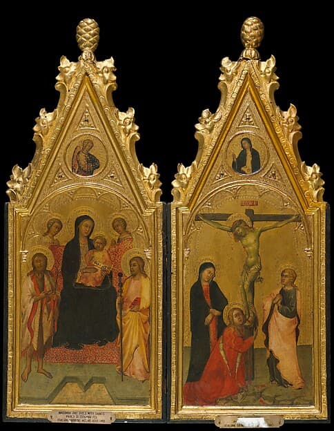 Madonna and Child Enthroned with Two Angels and Saints John the Baptist and James the Great and (above) the Annunciatory Angel (left wing); Crucifixion with the Virgin, Saint Mary Magdalen and Saint John the Evangelist and (above) the Virgin Annunciate (right wing), by Paolo di Giovanni Fei