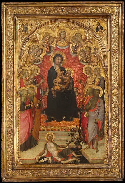 Madonna and Child Enthroned with Saint John the Evangelist, Saint Peter, Saint Agnes, Saint Catherine of Alexandria, Saint Lucy, an Unidentified Female Saint, Saint Paul, and Saint John the Baptist, with Eve and the Serpent; the Annunciation, by Paolo di Giovanni Fei