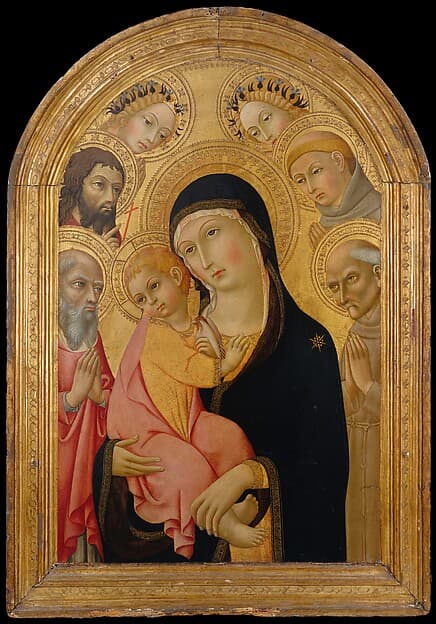 Madonna and Child with Saints Jerome, Bernardino, John the Baptist, and Anthony of Padua and Two Angels, by Sano di Pietro (Ansano di Pietro di Mencio)