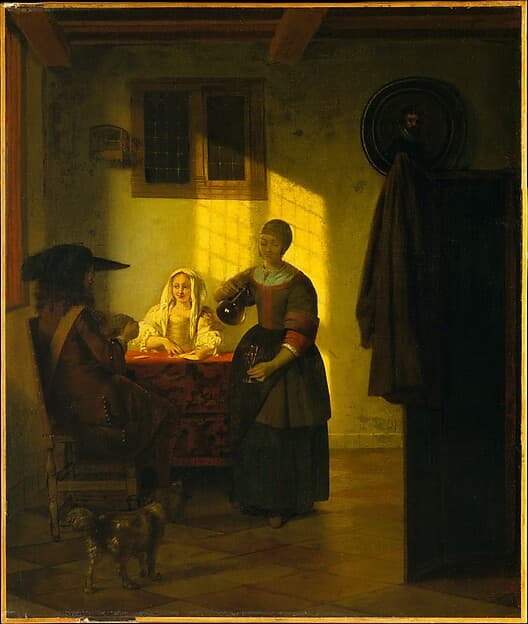 A Couple Playing Cards, with a Serving Woman, by Pieter de Hooch