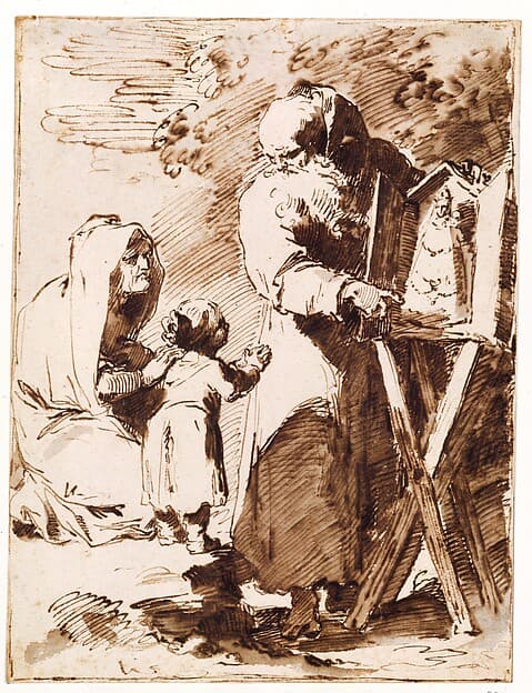A Bearded Monk Showing a Portable Altar to a Praying Child, with an Old Woman Kneeling, by Pietro Antonio Novelli