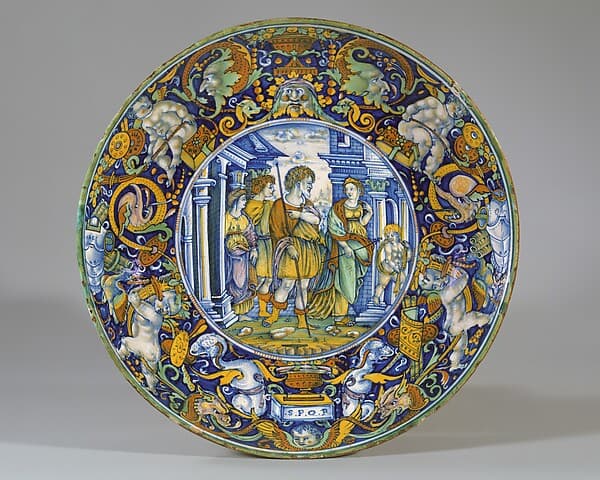 Dish (coppa): The story of Aeneas: Queen Dido of Carthage welcomes Aeneas and his son., by workshop of Giovanni Maria Vasaro