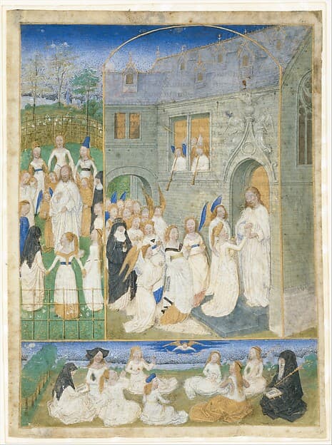 The Holy Virgins Greeted by Christ as They Enter the Gates of Paradise, by Simon Marmion