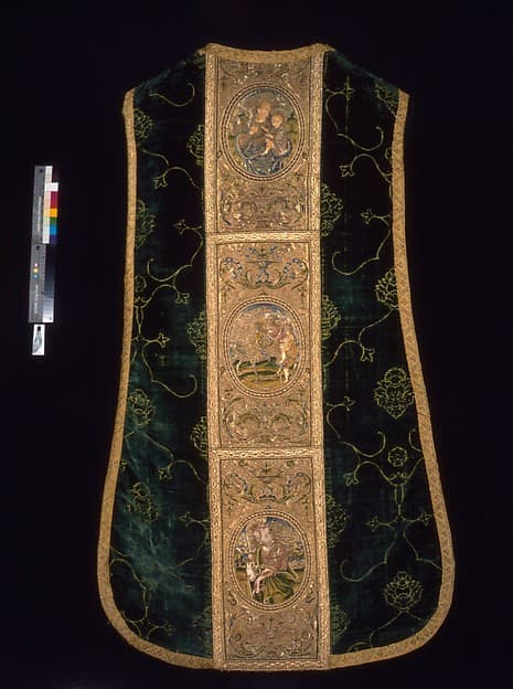 Chasuble with Orphreys depicting a saint and bishop saint (front), the Virgin and Child, Saint Martin, and Saint Peter (back)
