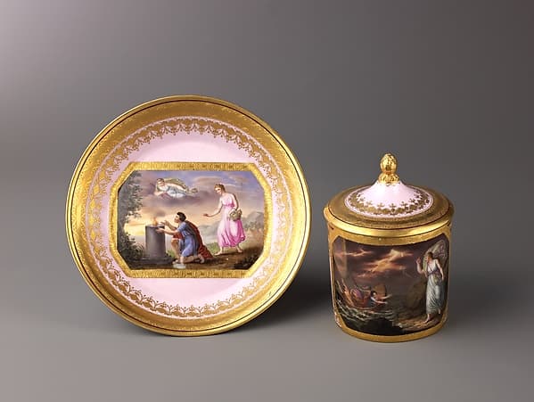 Covered cup and saucer, by Anton Kothgasser