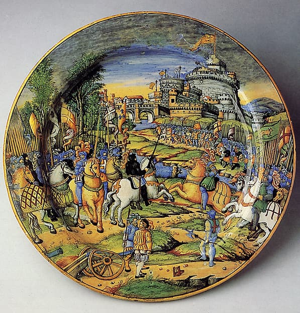 Large plate (grande piatto): An episode from the Sack of Rome, 1527: the assault on the Borgo (?), by workshop of Guido Durantino
